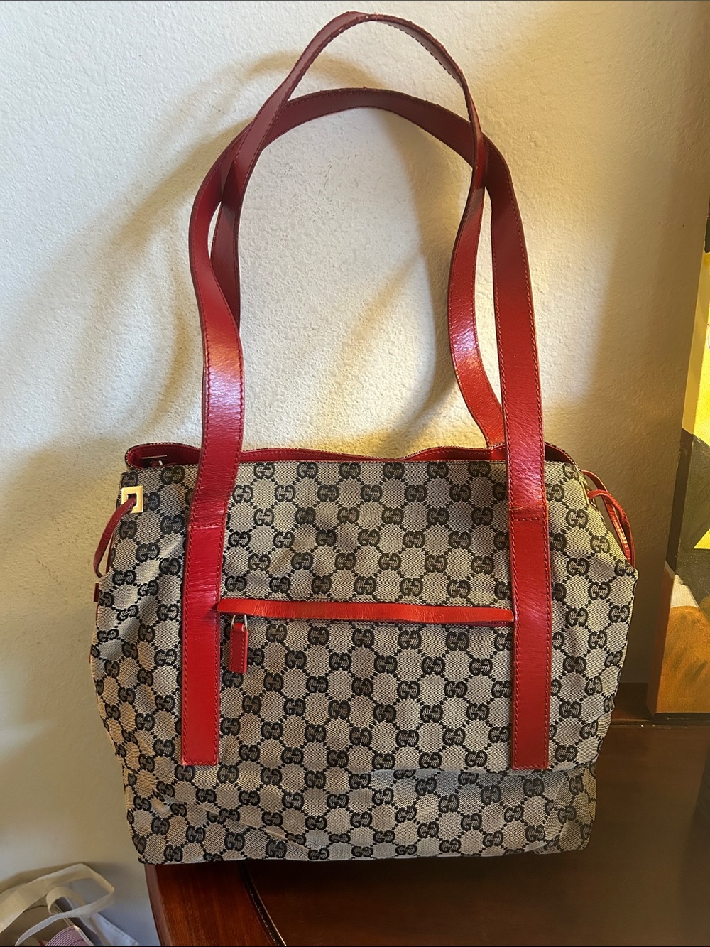 Gucci Beige GG Canvas Tote with Red Leather Straps